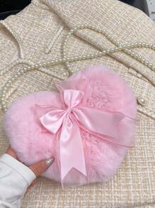 迷你蝴蝶结装饰人造珍珠串珠蓬松心形新奇包，新款毛皮钱包，时尚女士蝴蝶结钱包