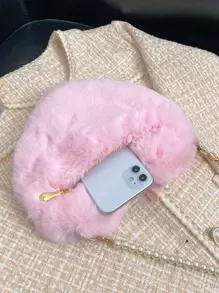 迷你蝴蝶结装饰人造珍珠串珠蓬松心形新奇包，新款毛皮钱包，时尚女士蝴蝶结钱包