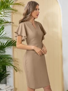 Notch Neck Butterfly Sleeve Dress - Brown - View 3