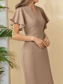 Notch Neck Butterfly Sleeve Dress - Brown - View 4