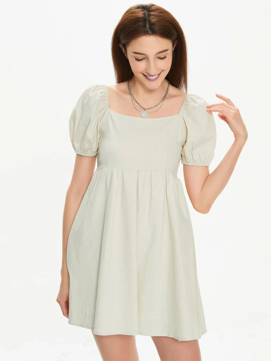Vestido mini de manga farol - Caqui - Ver 1