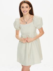Vestido mini de manga farol - Caqui - Ver 4