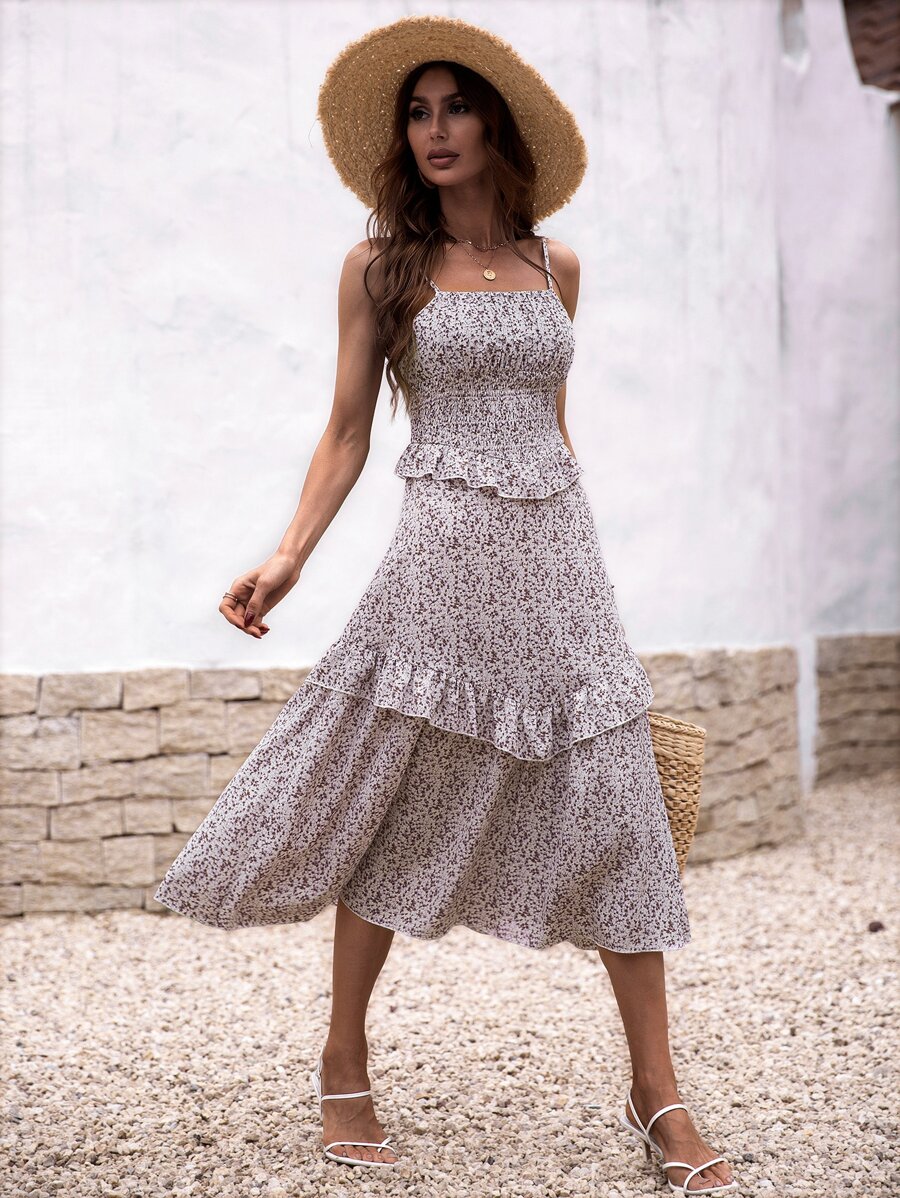 Vestido de tirantes floral ribete con fruncido - Multicolor - Ver 1