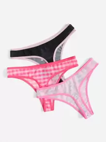 ROMWE Kawaii 3pack Letter Cartoon Graphic Gingham Mesh Panty Set - Multicolor - View 2