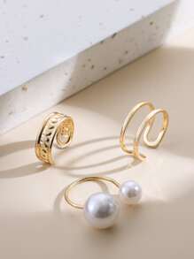 3入組人造珍珠裝飾開口戒指 - 金黃色 - 查看 2