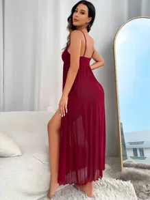 Tie Shoulder Slit Thigh Mesh Pajama Nightdress Long Dress - Burgundy - View 3