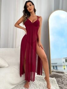 Tie Shoulder Slit Thigh Mesh Pajama Nightdress Long Dress - Burgundy - View 4