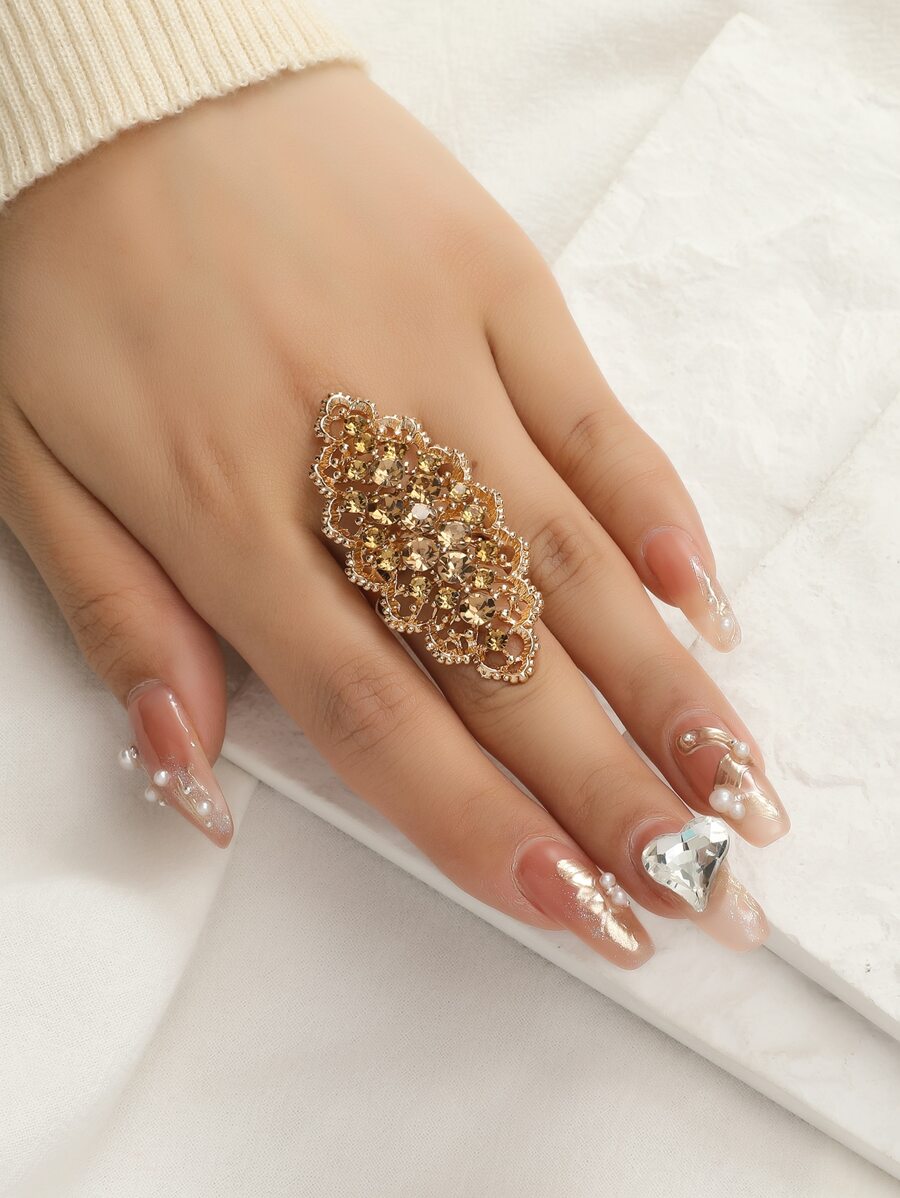 1pc Exaggerated European & American Style Long Sparkly Crystal Open Ring, Suitable For Women To Wear On Important Occasions - Champagne - View 1