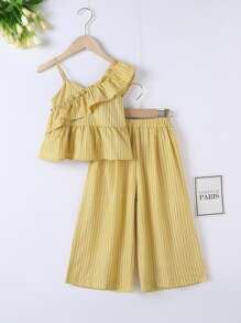 Pantalones de pierna ancha con top ribete fruncido de rayas - Amarillo - Ver 1