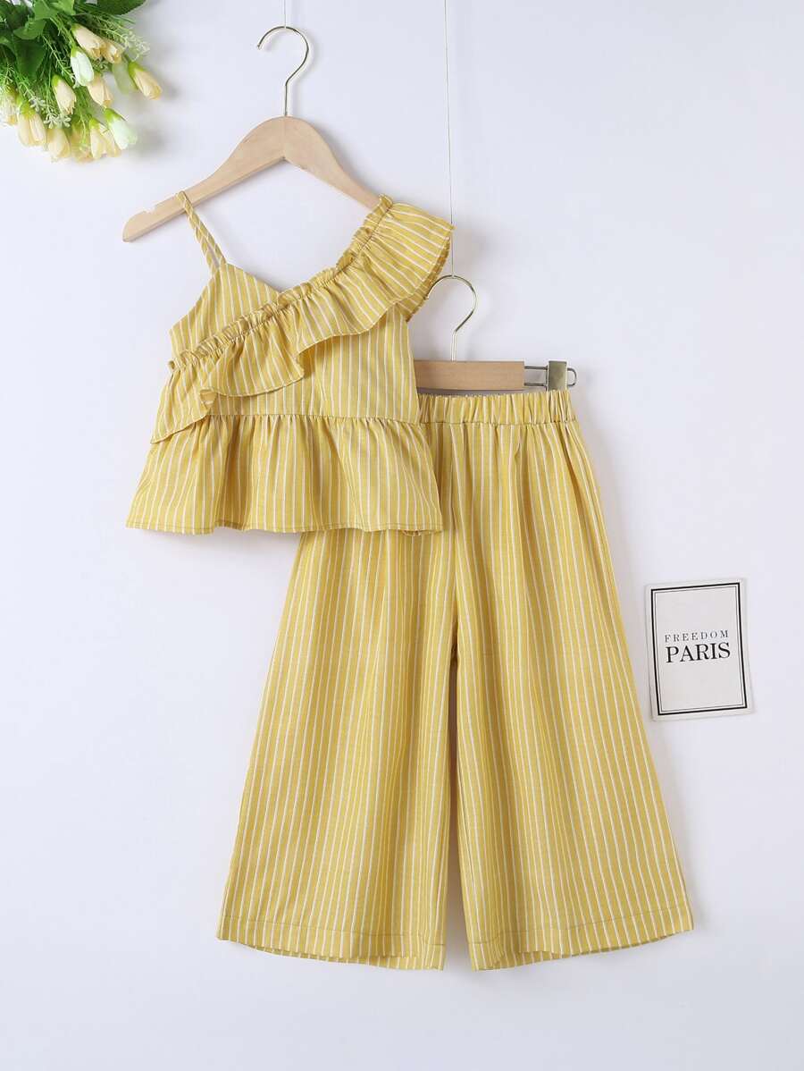 Pantalones de pierna ancha con top ribete fruncido de rayas - Amarillo - Ver 1