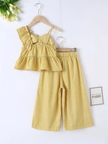 Pantalones de pierna ancha con top ribete fruncido de rayas - Amarillo - Ver 2