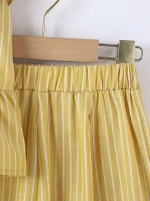 Pantalones de pierna ancha con top ribete fruncido de rayas - Amarillo - Ver 3