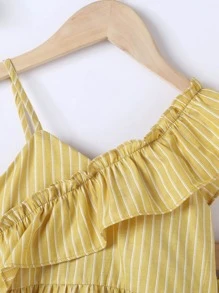 Pantalones de pierna ancha con top ribete fruncido de rayas - Amarillo - Ver 6