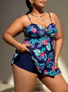 SHEIN Swim Curve Traje de baño tipo tankini de talla grande con estampado tropical para playa de verano - Multicolor - Ver 1