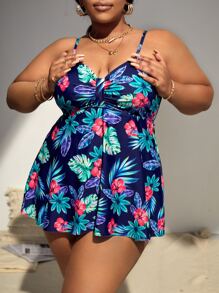 SHEIN Swim Curve Traje de baño tipo tankini de talla grande con estampado tropical para playa de verano - Multicolor - Ver 4