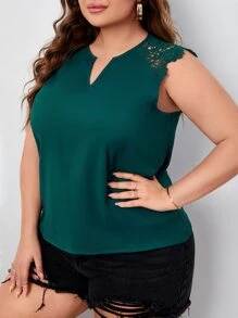 SHEIN Clasi Plus Contrast Eyelet Embroidery Notched Neck Blouse