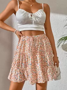 SHEIN Unity Allover Floral Print Knot Waist Ruffle Hem Skirt - Multicolor - View 3