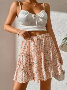 SHEIN Unity Allover Floral Print Knot Waist Ruffle Hem Skirt - Multicolor - View 4