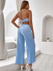 SHEIN Unity Ruched Bust Tie Backless Tube Top & Chain Detail Trousers - Baby Blue - View 2