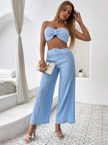 SHEIN Unity Ruched Bust Tie Backless Tube Top & Chain Detail Trousers - Baby Blue - View 5
