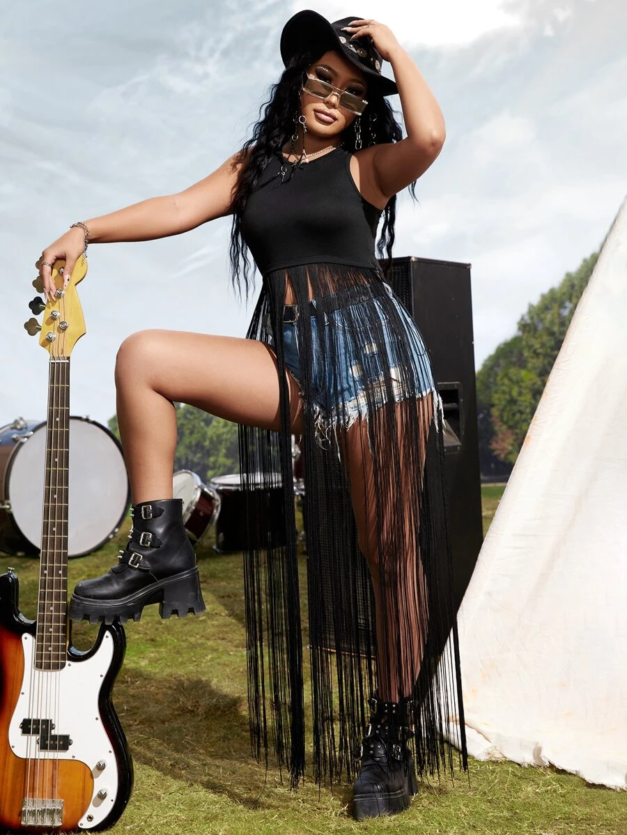 Zolique Fringe Hem Solid Tank Top - Black - View 1