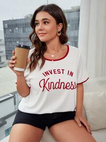 大碼字母圖案滾邊T恤