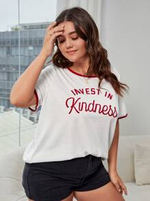 大碼字母圖案滾邊T恤