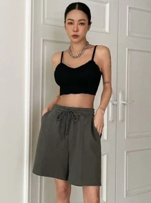 DAZY 腰部抽繩闊腿短褲 - 深灰色 - 查看 4