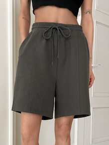 DAZY 腰部抽繩闊腿短褲 - 深灰色 - 查看 6