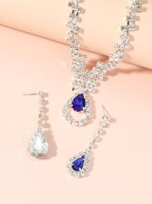 三件套新娘首饰套装：爪链、水滴吊坠、蓝色水晶耳环，适合女性参加派对佩戴 - 銀色 - 查看 3