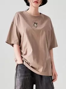 DAZY Cartoon & Letter Embroidery Drop Shoulder Tee - Khaki - View 7