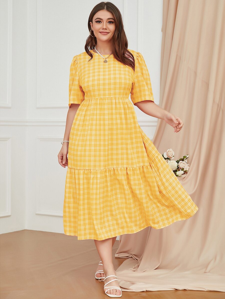 SHEIN LUNE Plus Plaid Puff Sleeve Ruffle Hem Dress - Yellow - View 1