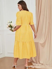 SHEIN LUNE Plus Plaid Puff Sleeve Ruffle Hem Dress - Yellow - View 2