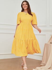 SHEIN LUNE Plus Plaid Puff Sleeve Ruffle Hem Dress - Yellow - View 3