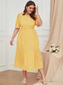 SHEIN LUNE Plus Plaid Puff Sleeve Ruffle Hem Dress - Yellow - View 4