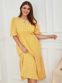SHEIN LUNE Plus Plaid Puff Sleeve Ruffle Hem Dress - Yellow - View 5
