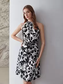 MOTF PREMIUM SILK BLEND BELTED HALTERNECK DRESS - Black and White - View 4