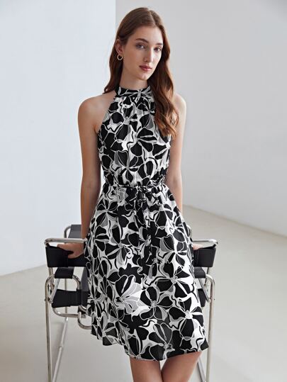 MOTF PREMIUM SILK BLEND BELTED HALTERNECK DRESS