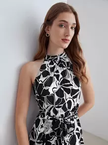 MOTF PREMIUM SILK BLEND BELTED HALTERNECK DRESS - Black and White - View 8