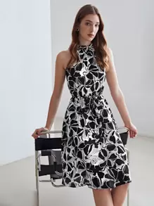 MOTF PREMIUM SILK BLEND BELTED HALTERNECK DRESS - Black and White - View 9