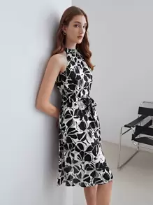 MOTF PREMIUM SILK BLEND BELTED HALTERNECK DRESS - Black and White - View 10