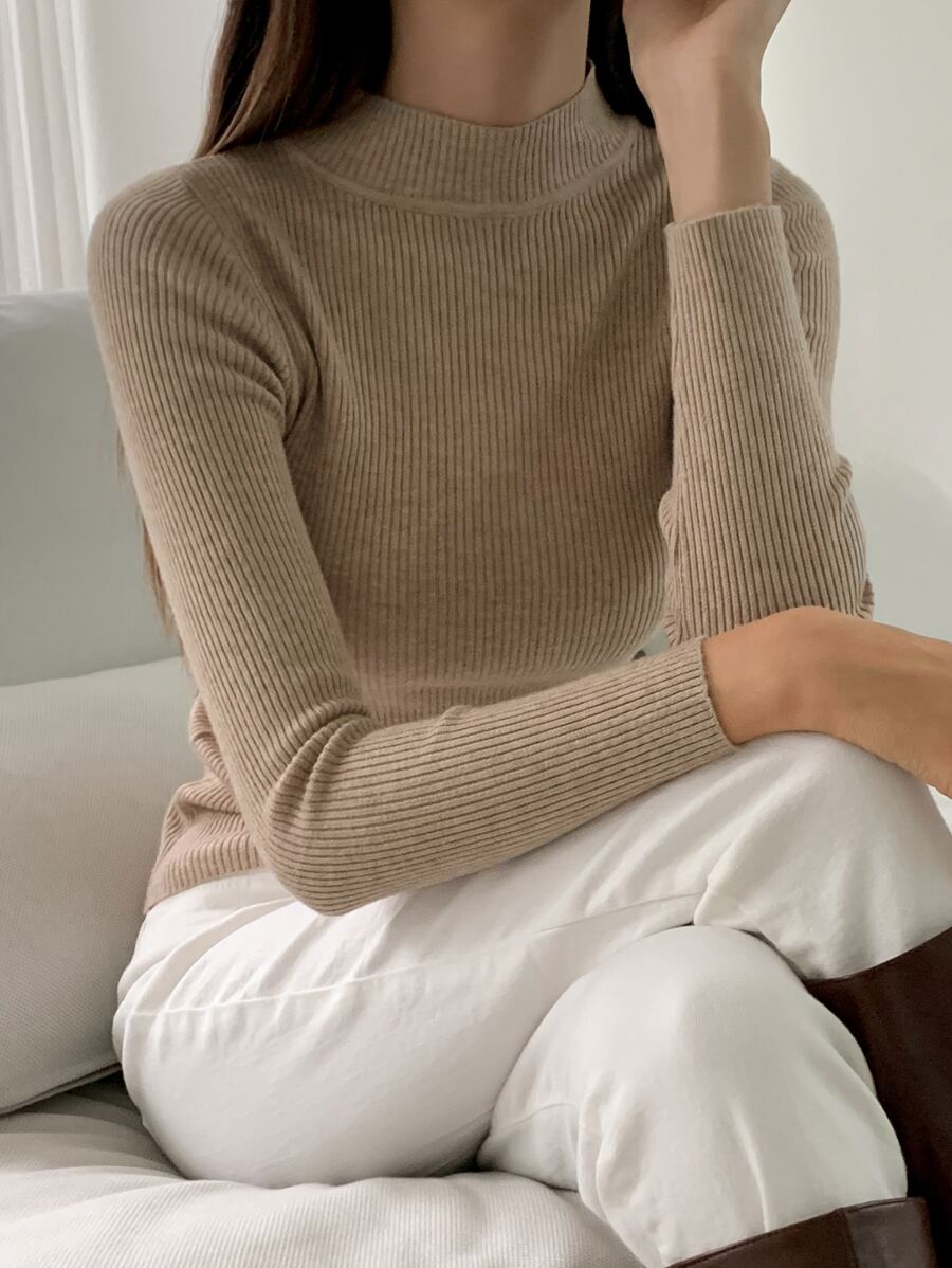 DAZY Mock Neck Ribbed Knit Jumper - Khaki - View 1