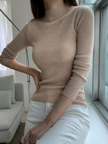 DAZY Mock Neck Ribbed Knit Jumper - Khaki - View 6
