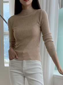 DAZY Mock Neck Ribbed Knit Jumper - Khaki - View 7
