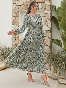 Mulvari Ditsy Floral Flounce Sleeve Modest Long Sleeve Dress - Multicolor - View 3