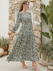 Mulvari Ditsy Floral Flounce Sleeve Modest Long Sleeve Dress - Multicolor - View 4