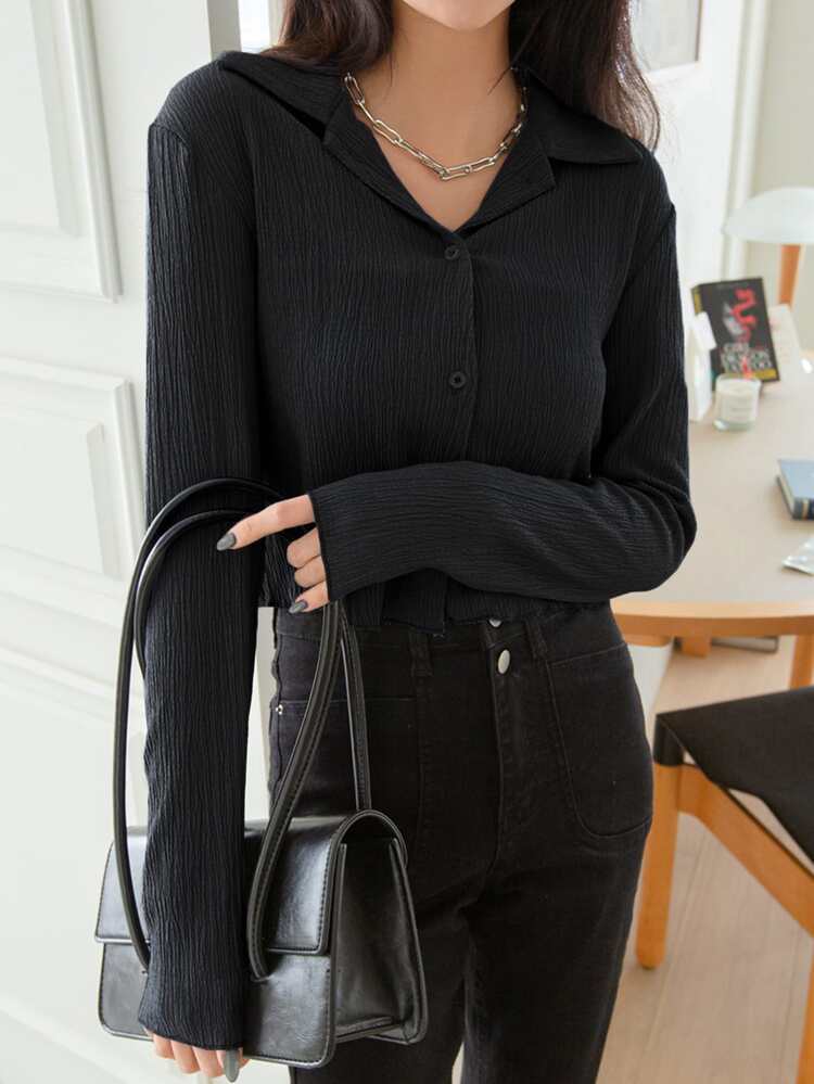 Button Through Textured Crop Blouse