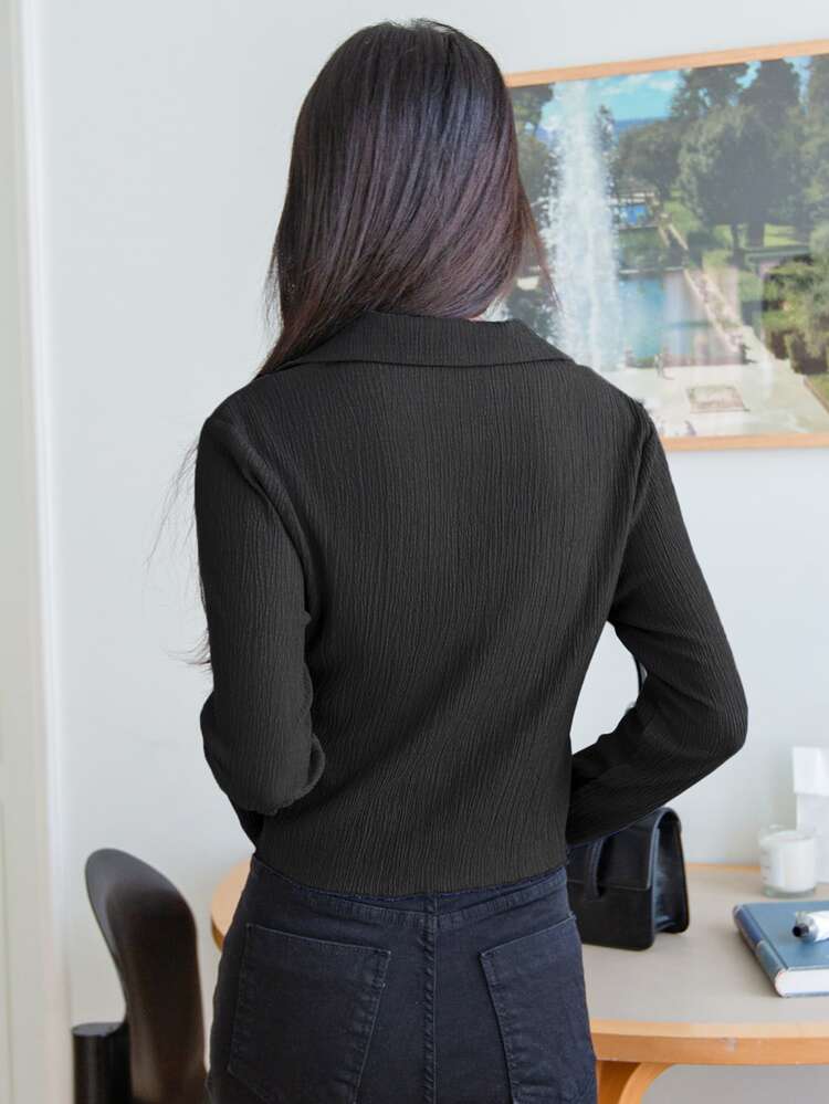 Button Through Textured Crop Blouse