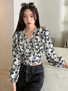 DAZY Áo kiểu tay phồng in hoa, Áo dài tay mùa thu, Áo thun in họa tiết, Trang phục đi nghỉ mát cho nữ - Màu be - Xem 5