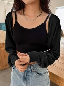 DAZY Solid Open Front Crop Top - Black - View 1